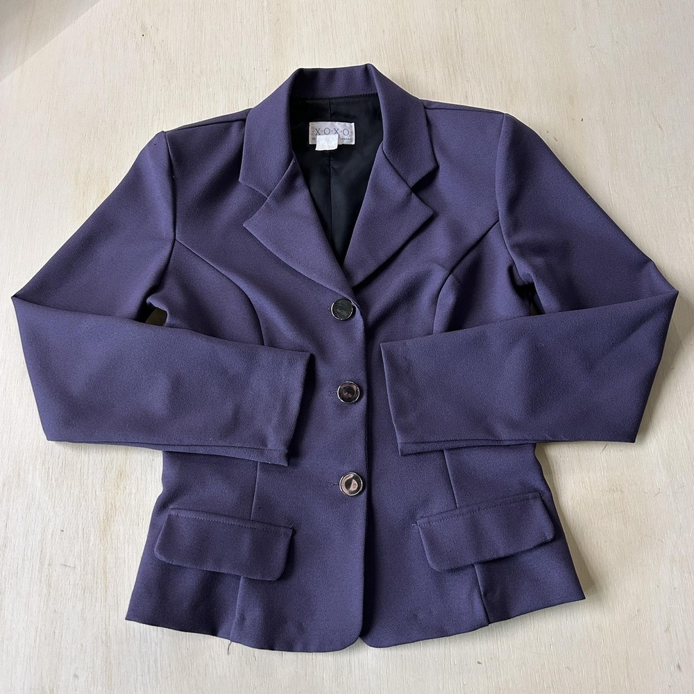 Vintage XOXO Blazer Jacket Womens Med Purple Woven Three Button Lined Workwear